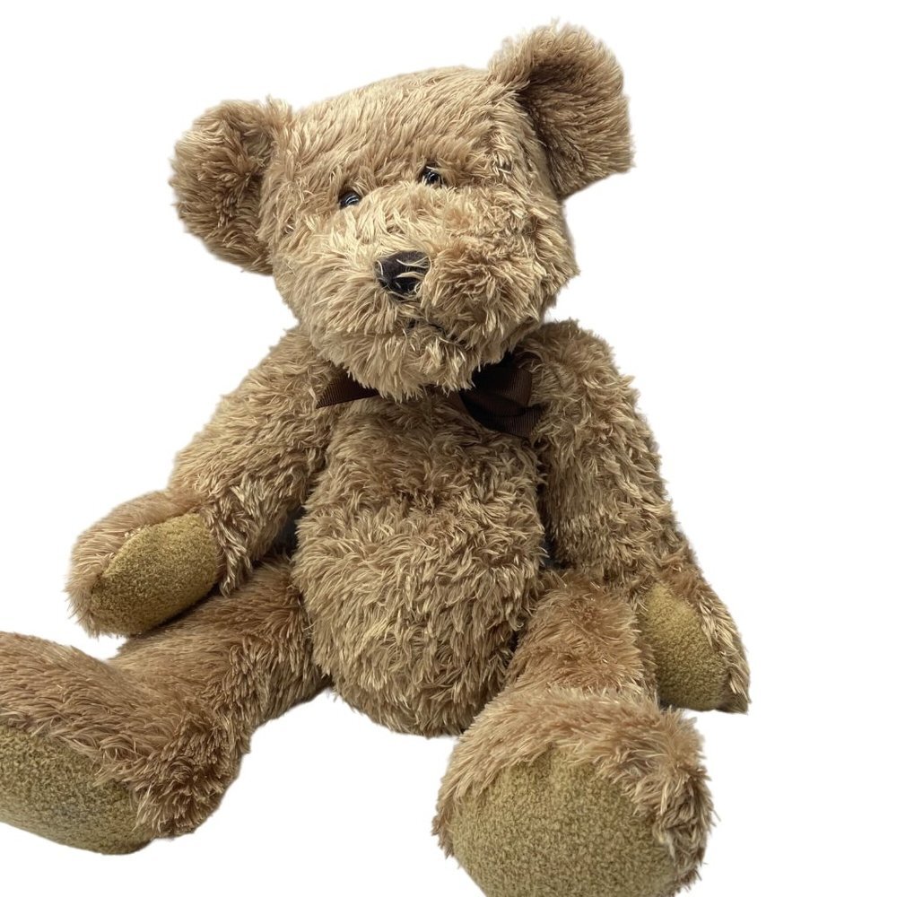 Barnes & Noble Fluffy Fuzzy Teddy Bear Brown Bow Plush‎ Stuffed Animal 14"